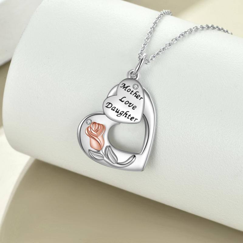 S925 Sterling Silver Mother Daughter Heart and Flower Necklace