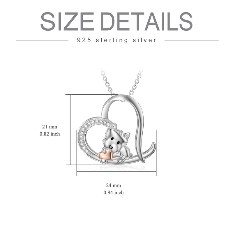 S925 Sterling Silver Dog Pendant Necklace with Heart Charm