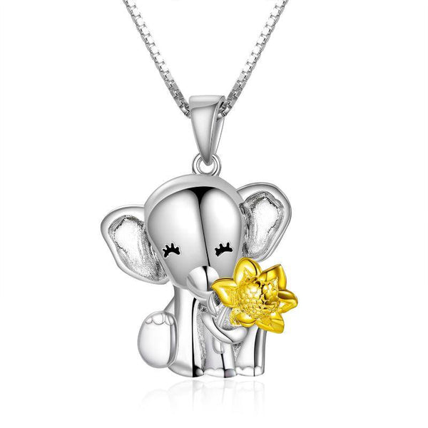 Elephant Holding Sunflower S925 Sterling Silver Elephant Pendant with Necklace