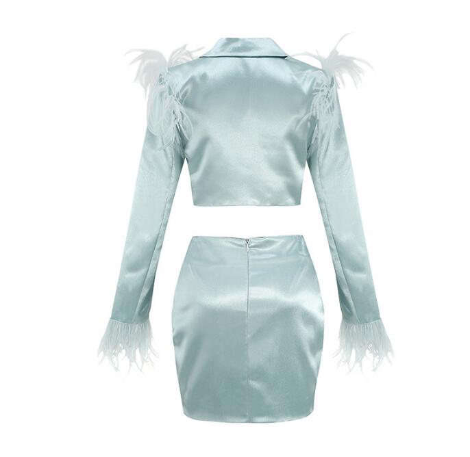 Long Sleeve Feather Blazers Short Skirt Suit - Virtue