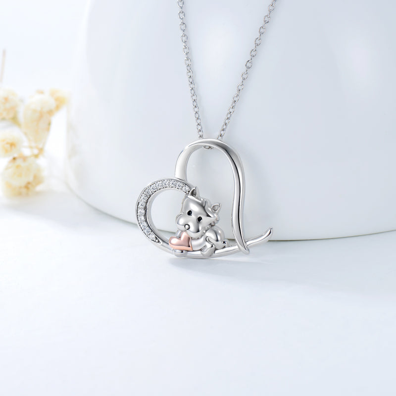S925 Sterling Silver Dog Pendant Necklace with Heart Charm