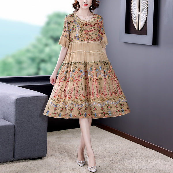 Elegant Floral Embroidery Mulberry Silk Vintage Midi Dresses - Virtue