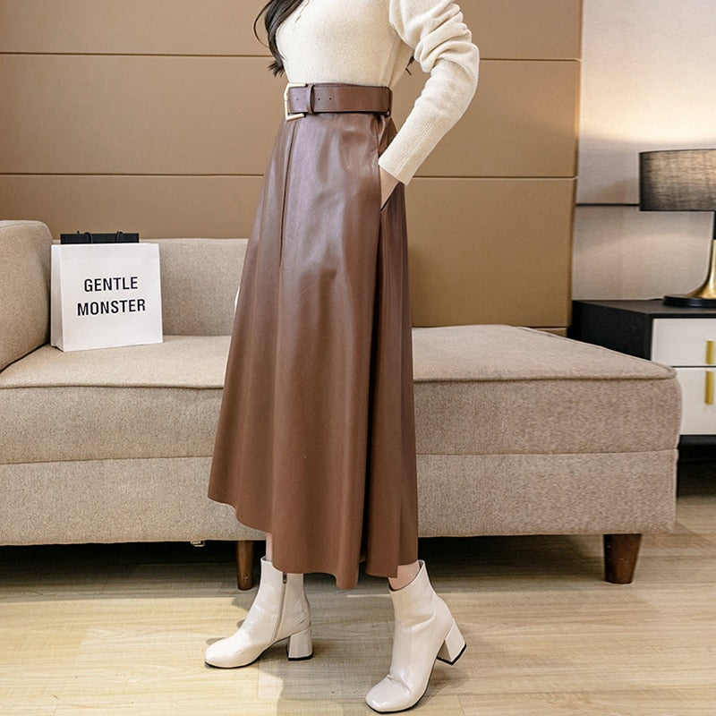 PU Leather Women Mid-Calf Belted High Waist A-Line Elegant Skirt - Virtue