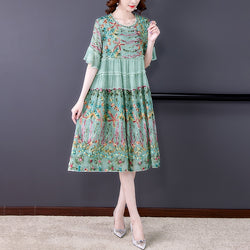 Elegant Floral Embroidery Mulberry Silk Vintage Midi Dresses - Virtue
