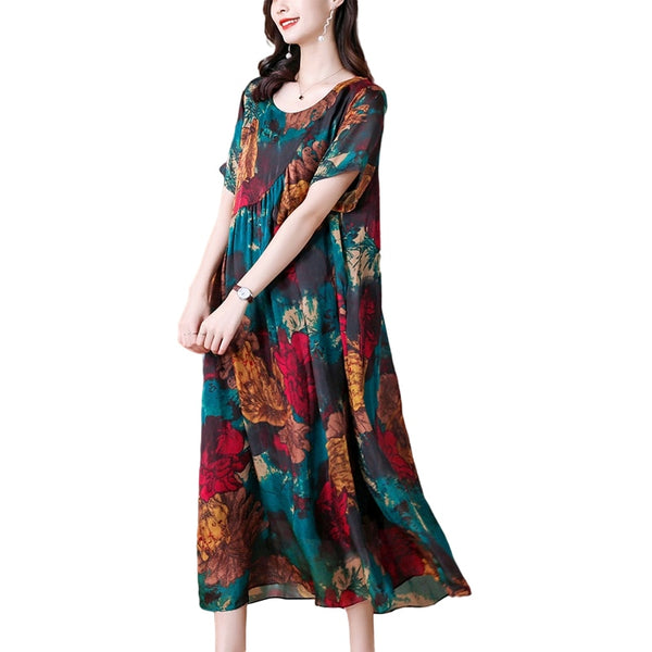 100% Silk Vintage Loose Elegant Party Midi Dress - Virtue