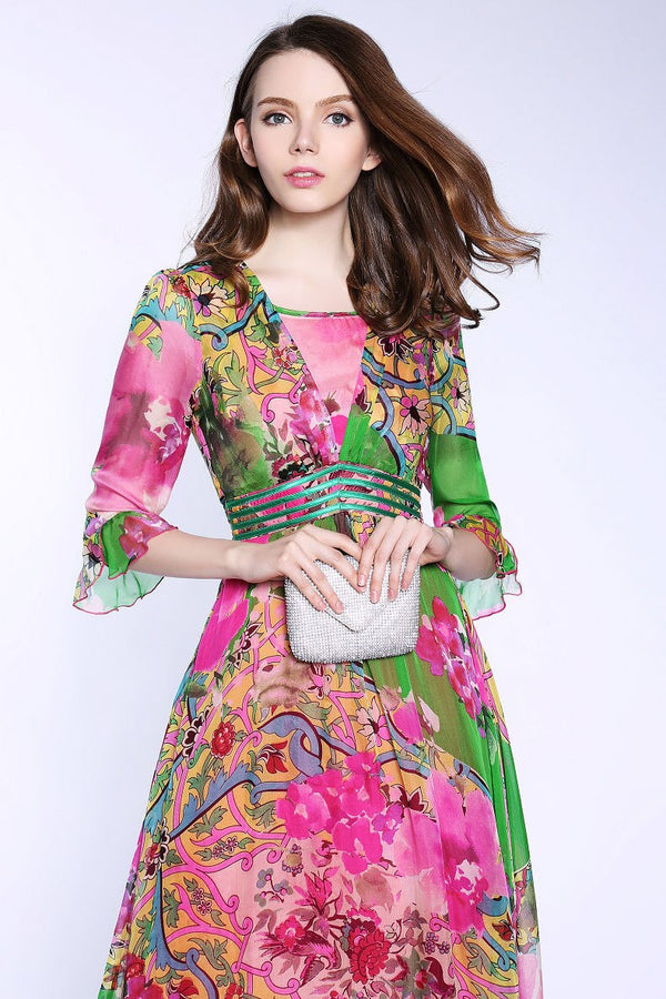 100% Natural Silk Floral Bohemian Dress - Virtue