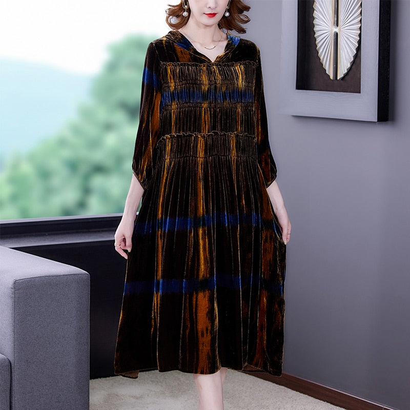 Patchwork Velvet Long Sleeve Vintage Dress - Virtue