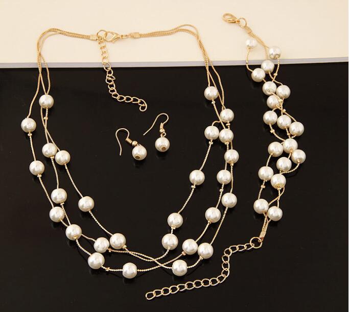 Pearl Double Layer Earrings Necklace Bracelet Sets - Virtue