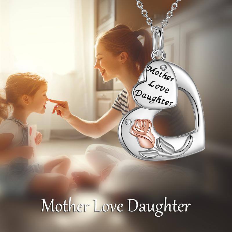 S925 Sterling Silver Mother Daughter Heart and Flower Necklace